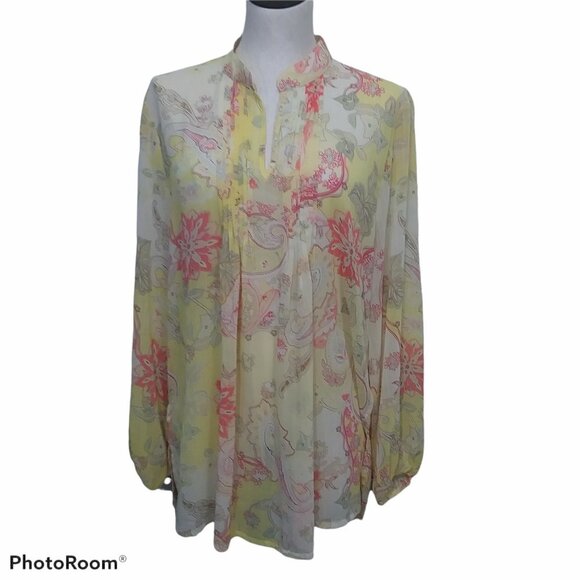 Susan Graver Tunic Yellow Paisley Floral Chiffon Semi Sheer Size Large - Picture 1 of 9
